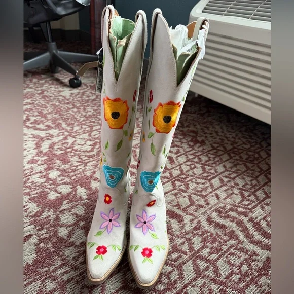 Viral Dan Post Ladies Flower Power White Suede Tall Western Boots DI277-WH Sz9 - Picture 3 of 12